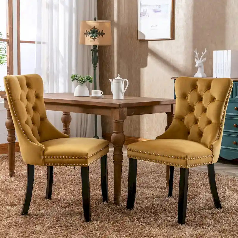 Velvet Upholstered Dining Chair Tufted High Back Solid Wood Legs Nailhead Trim