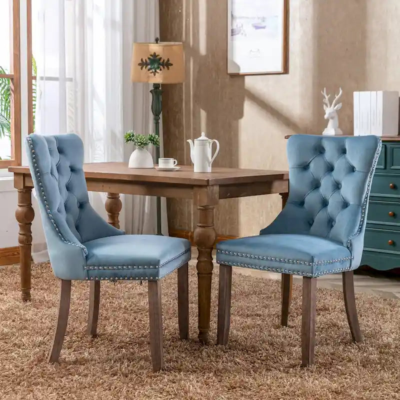 Velvet Upholstered Dining Chair Tufted High Back Solid Wood Legs Nailhead Trim