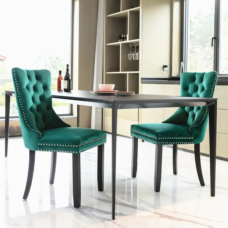 Velvet Upholstered Dining Chair Tufted High Back Solid Wood Legs Nailhead Trim