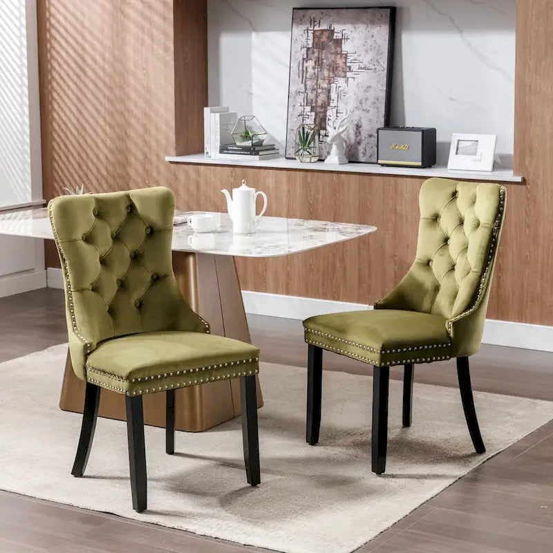 Velvet Upholstered Dining Chair Tufted High Back Solid Wood Legs Nailhead Trim