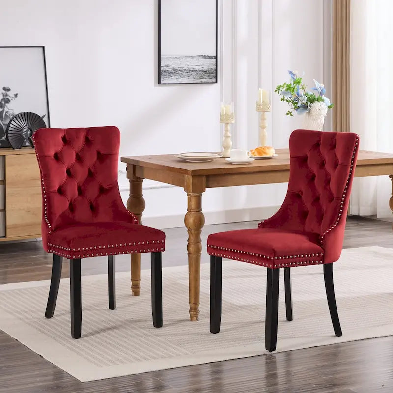 Velvet Upholstered Dining Chair Tufted High Back Solid Wood Legs Nailhead Trim