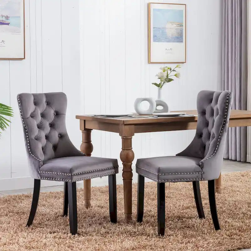 Velvet Upholstered Dining Chair Tufted High Back Solid Wood Legs Nailhead Trim