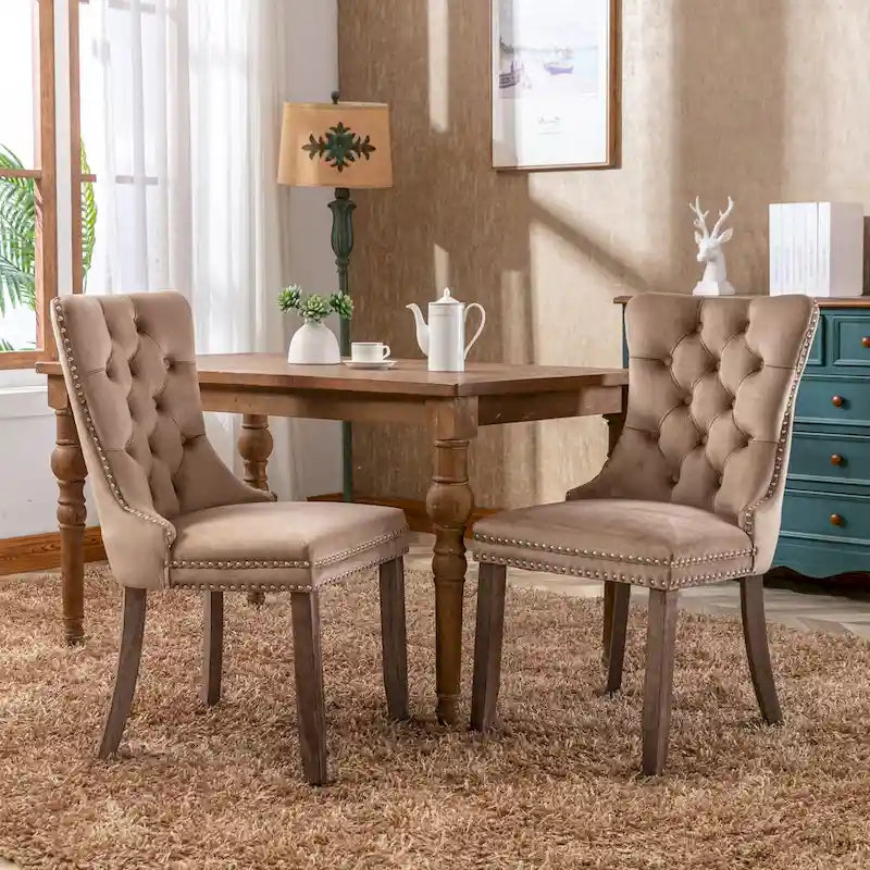 Velvet Upholstered Dining Chair Tufted High Back Solid Wood Legs Nailhead Trim