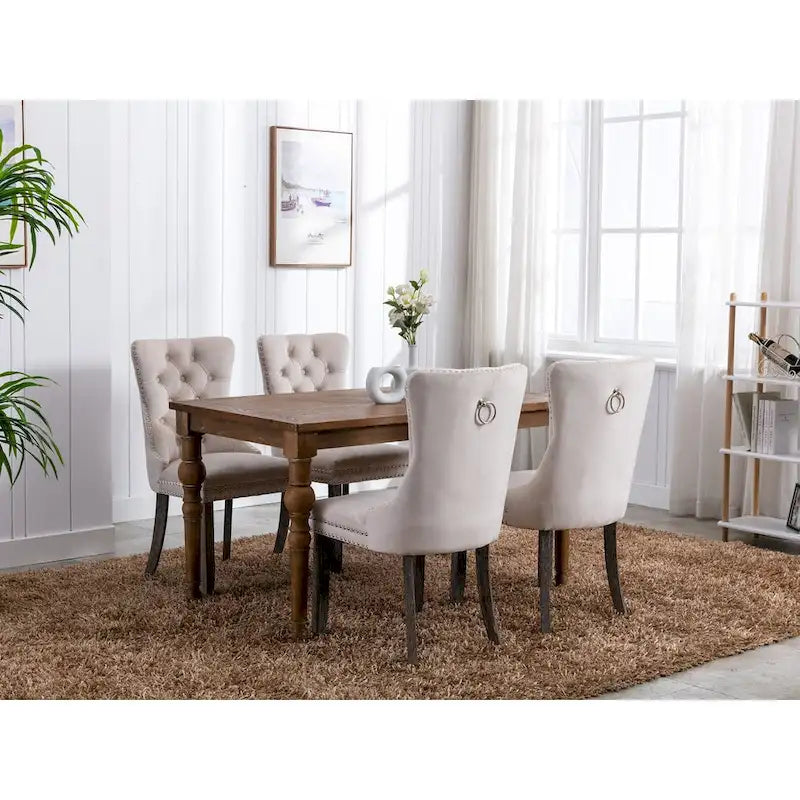 Velvet Upholstered Dining Chair Tufted High Back Solid Wood Legs Nailhead Trim