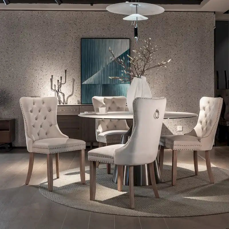 Velvet Upholstered Dining Chair Tufted High Back Solid Wood Legs Nailhead Trim