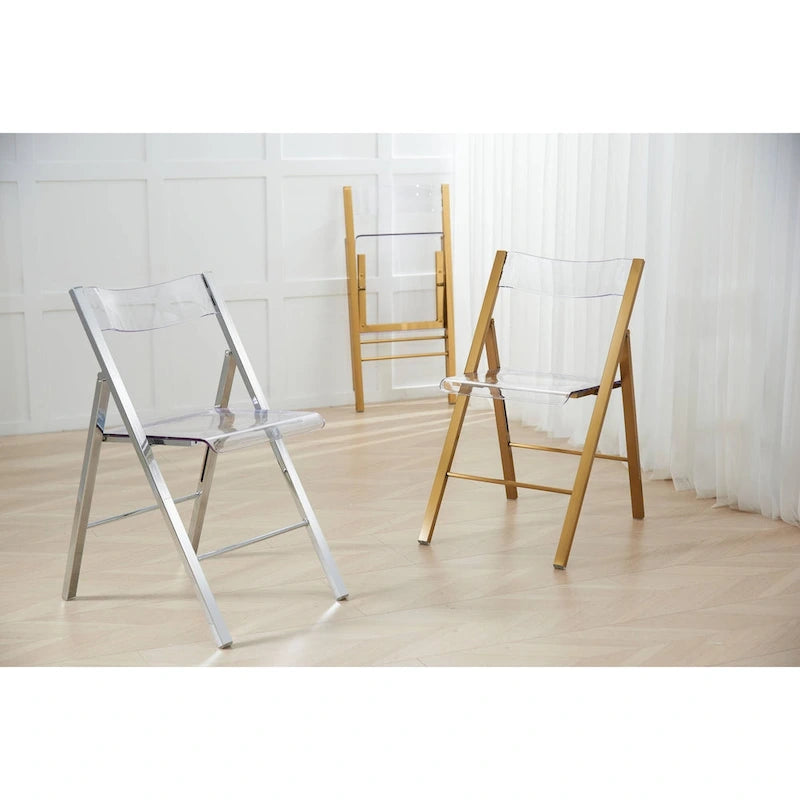Modern Acrylic Folding Chair Chrome Frame Waterfall Seat Clear Gold Indoor