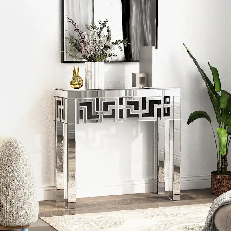 Mirrored Console Table Greek Key Geometric Frame Silver MDF Entryway Accent