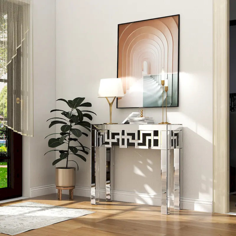 Mirrored Console Table Greek Key Geometric Frame Silver MDF Entryway Accent