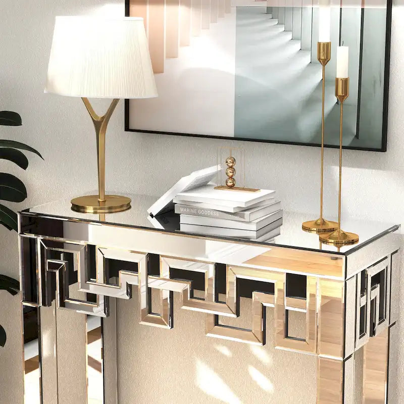 Mirrored Console Table Greek Key Geometric Frame Silver MDF Entryway Accent