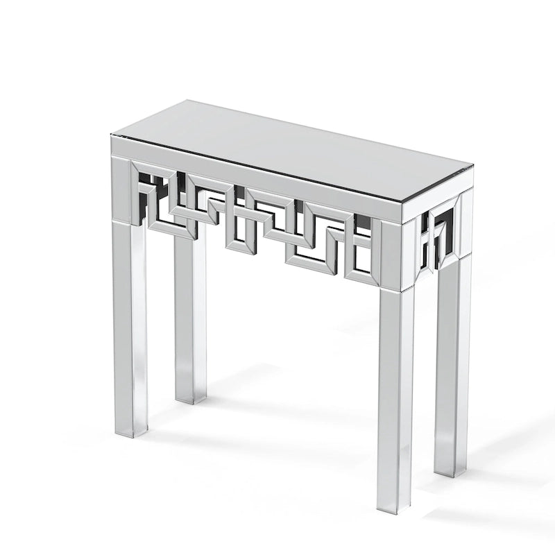Mirrored Console Table Greek Key Geometric Frame Silver MDF Entryway Accent