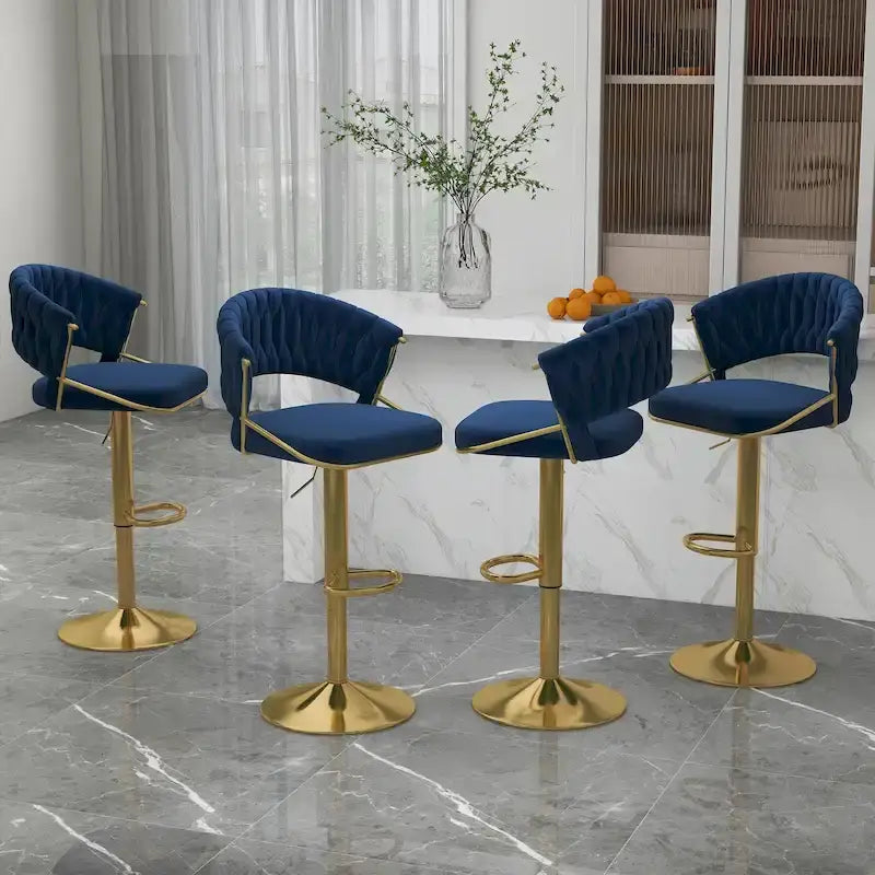 Velvet Swivel Bar Stool Adjustable Height Gold Pedestal Base 360 Degree