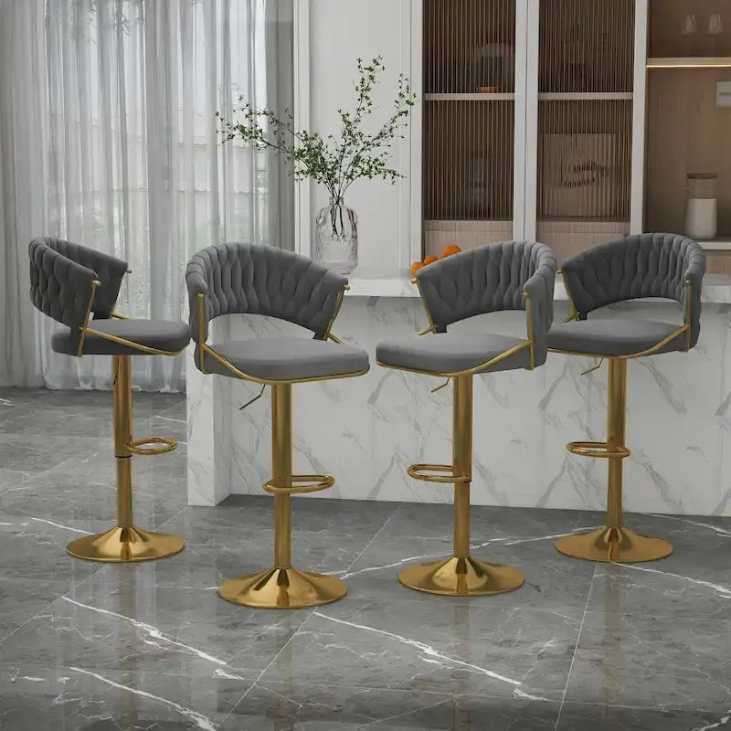 Velvet Swivel Bar Stool Adjustable Height Gold Pedestal Base 360 Degree