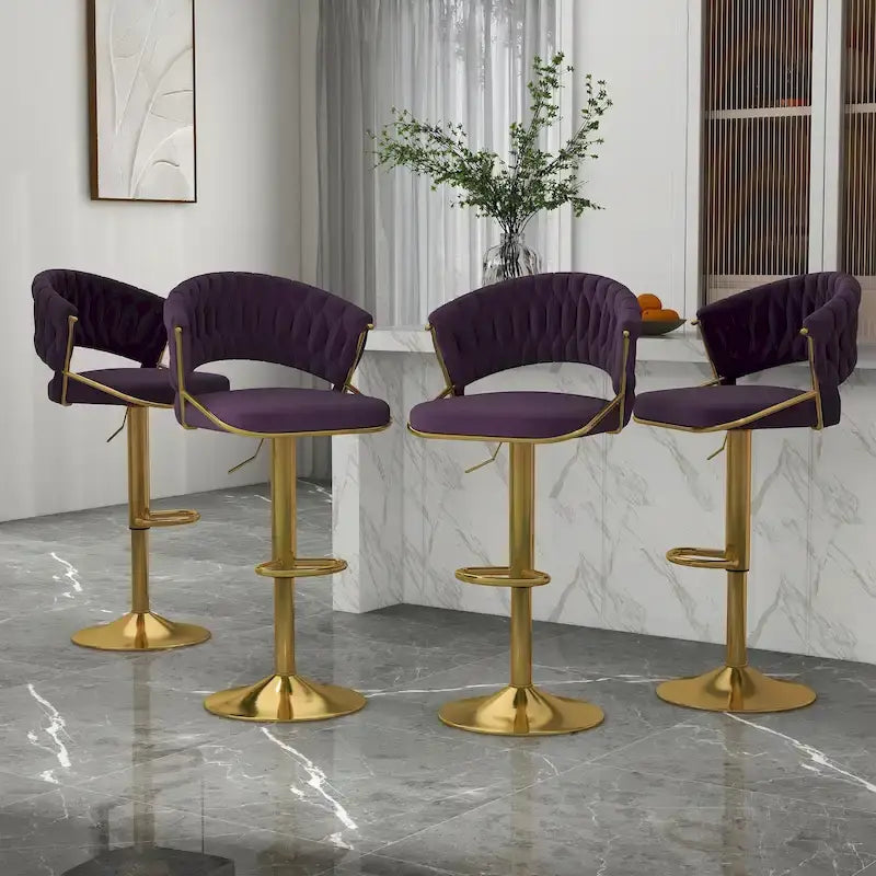 Velvet Swivel Bar Stool Adjustable Height Gold Pedestal Base 360 Degree