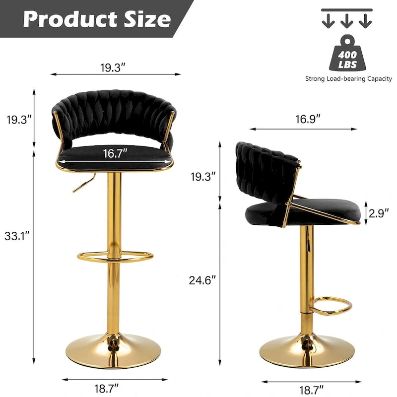 Velvet Swivel Bar Stool Adjustable Height Gold Pedestal Base 360 Degree