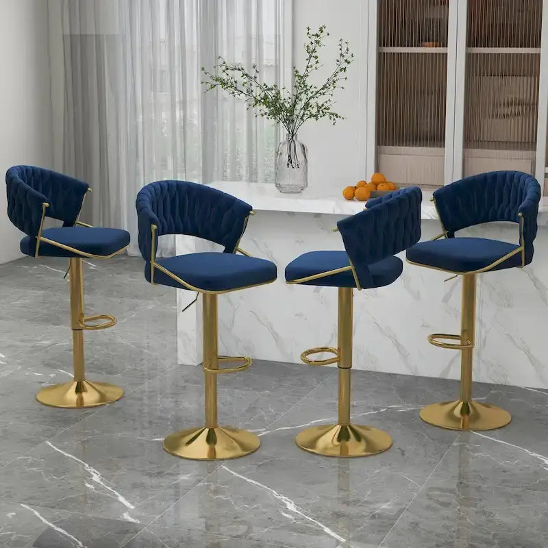 Velvet Swivel Bar Stool Adjustable Height Gold Pedestal Base 360 Degree