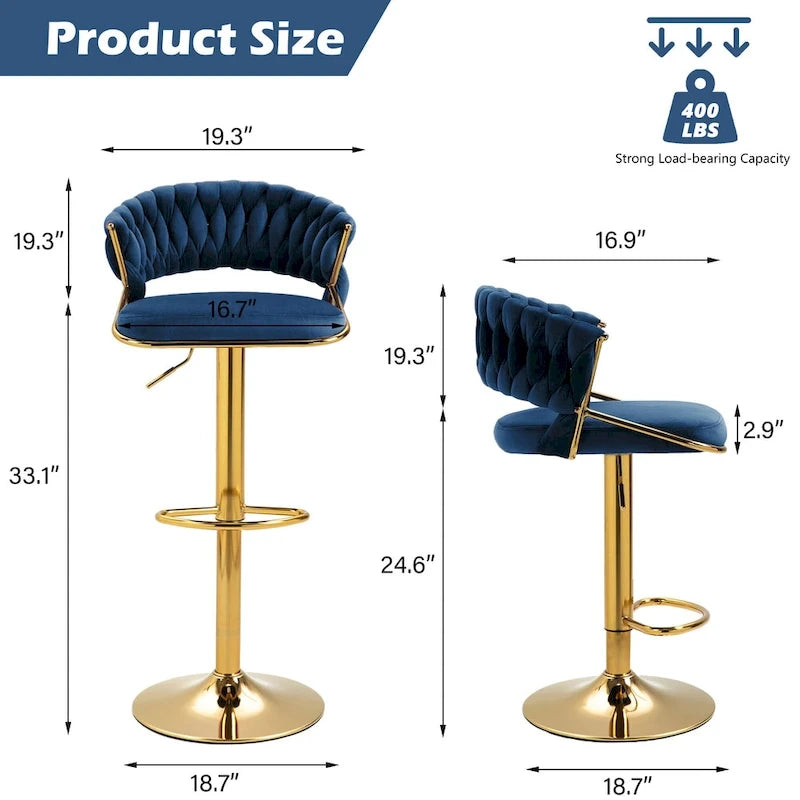 Velvet Swivel Bar Stool Adjustable Height Gold Pedestal Base 360 Degree