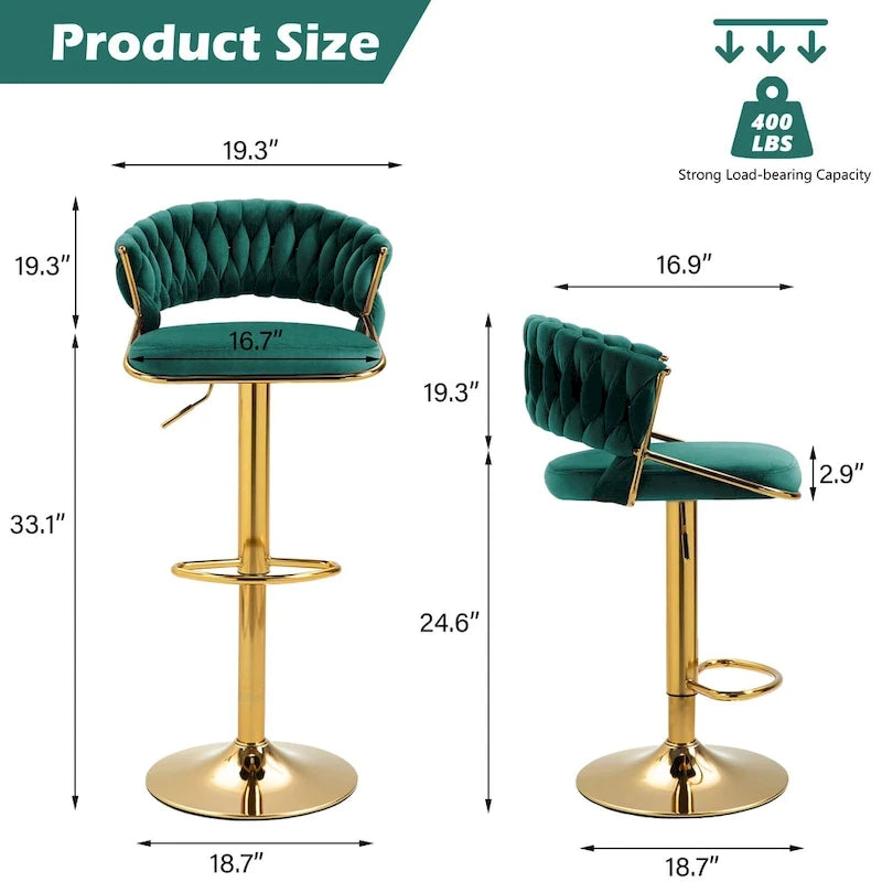 Velvet Swivel Bar Stool Adjustable Height Gold Pedestal Base 360 Degree
