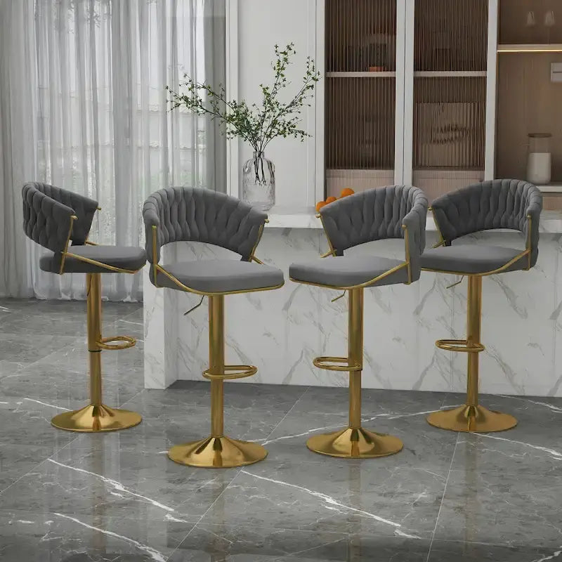 Velvet Swivel Bar Stool Adjustable Height Gold Pedestal Base 360 Degree