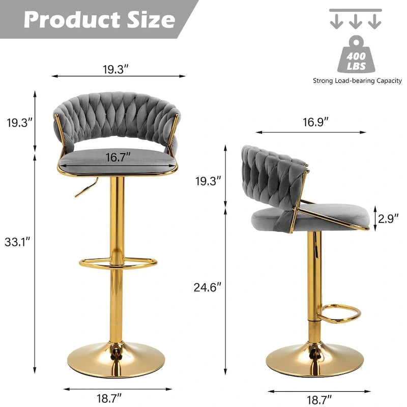 Velvet Swivel Bar Stool Adjustable Height Gold Pedestal Base 360 Degree
