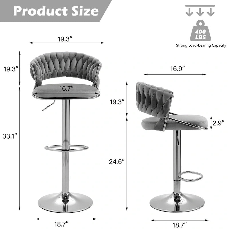 Velvet Swivel Bar Stool Adjustable Height Gold Pedestal Base 360 Degree