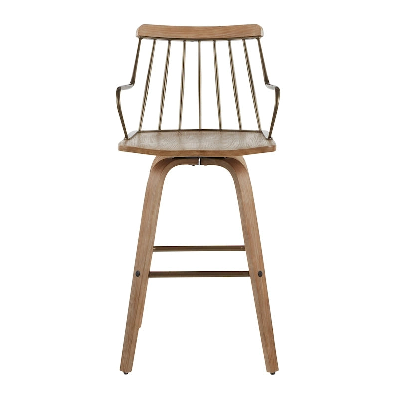 Farmhouse Swivel Counter Stool White Washed Wood Seat Metal Spindle Back