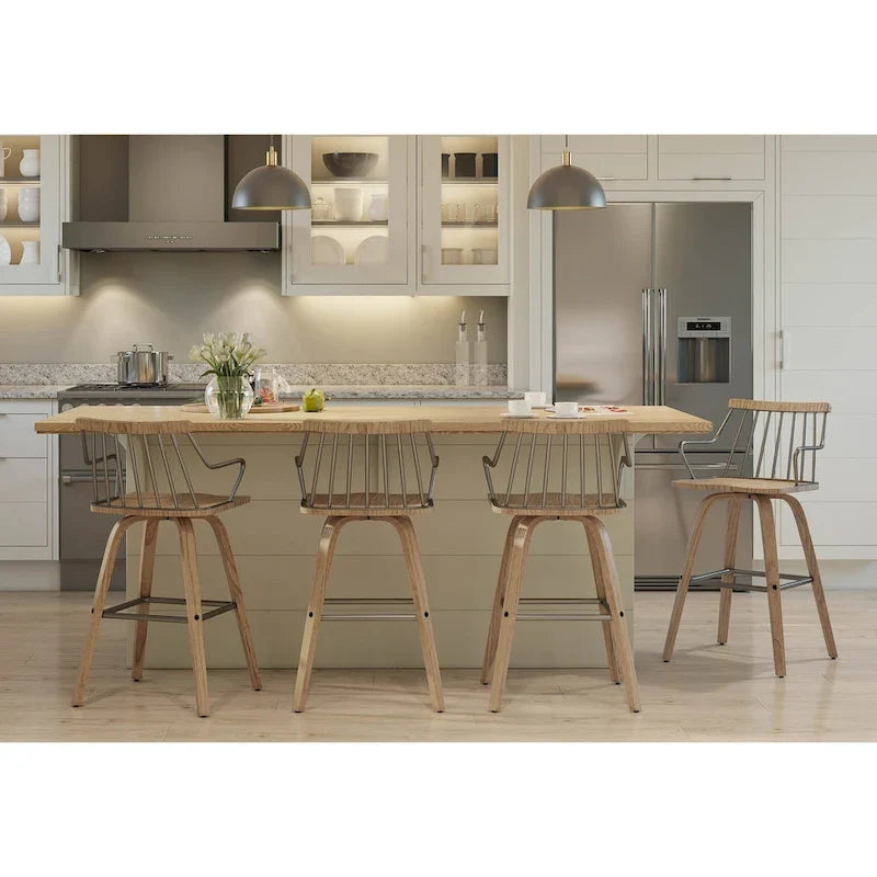 Farmhouse Swivel Counter Stool White Washed Wood Seat Metal Spindle Back