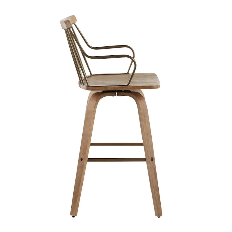 Farmhouse Swivel Counter Stool White Washed Wood Seat Metal Spindle Back