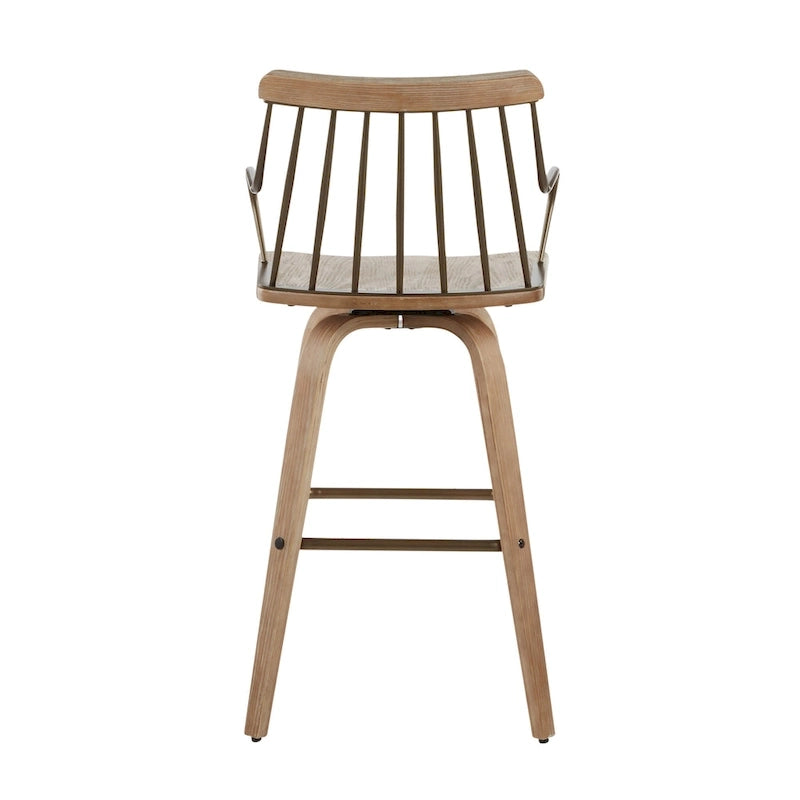 Farmhouse Swivel Counter Stool White Washed Wood Seat Metal Spindle Back