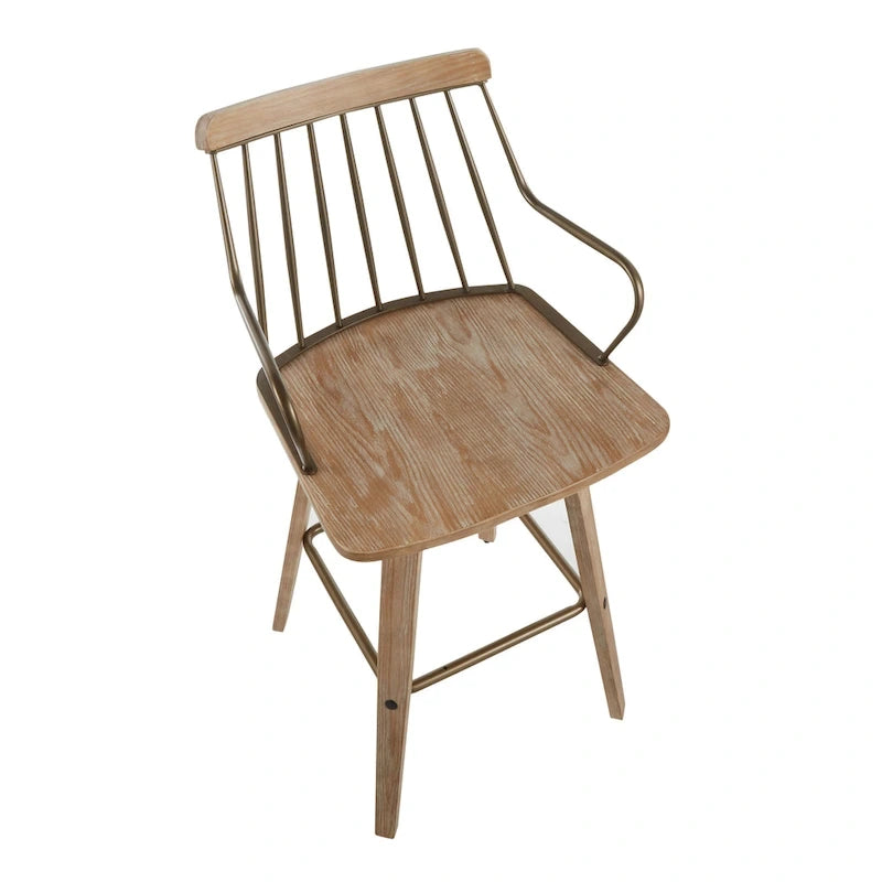 Farmhouse Swivel Counter Stool White Washed Wood Seat Metal Spindle Back