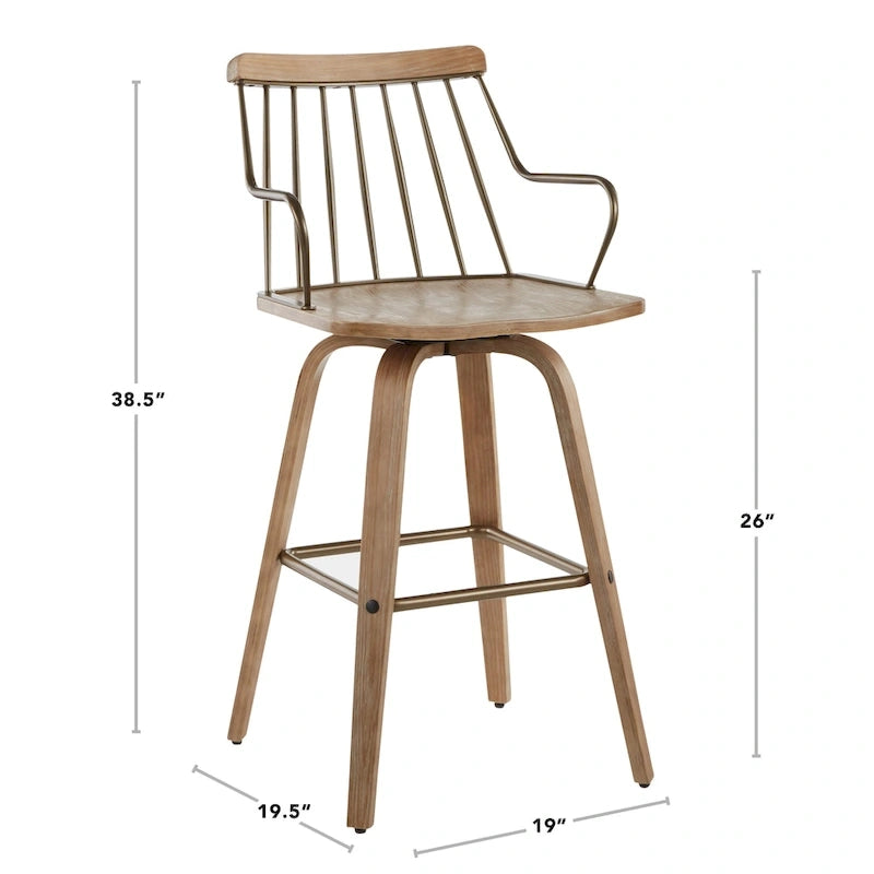 Farmhouse Swivel Counter Stool White Washed Wood Seat Metal Spindle Back