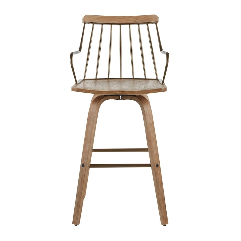 Farmhouse Swivel Counter Stool White Washed Wood Seat Metal Spindle Back