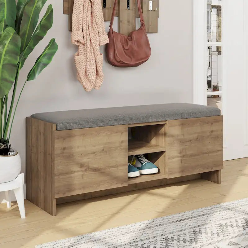 Entryway Storage Bench 6 Compartment Shoe Cabinet Rustic Walnut Cushion Top