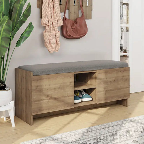 Entryway Storage Bench 6 Compartment Shoe Cabinet Rustic Walnut Cushion Top