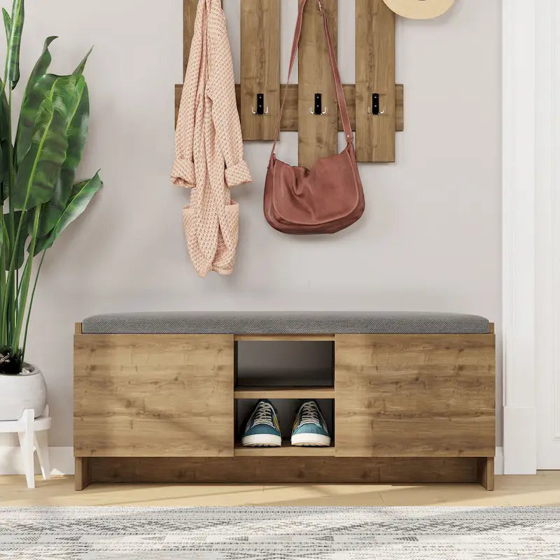Entryway Storage Bench 6 Compartment Shoe Cabinet Rustic Walnut Cushion Top