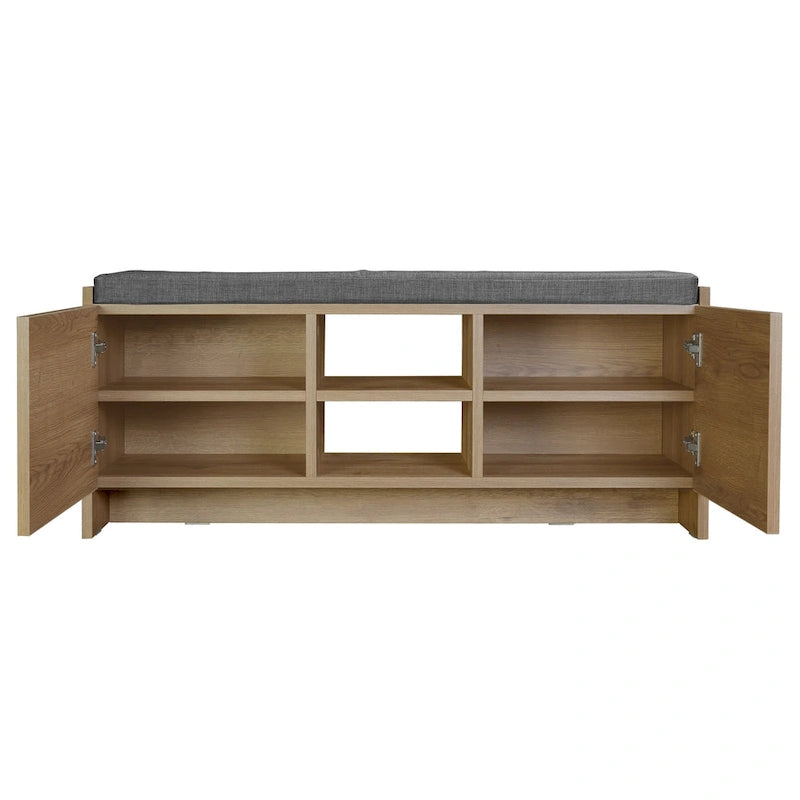 Entryway Storage Bench 6 Compartment Shoe Cabinet Rustic Walnut Cushion Top