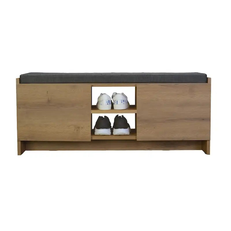 Entryway Storage Bench 6 Compartment Shoe Cabinet Rustic Walnut Cushion Top