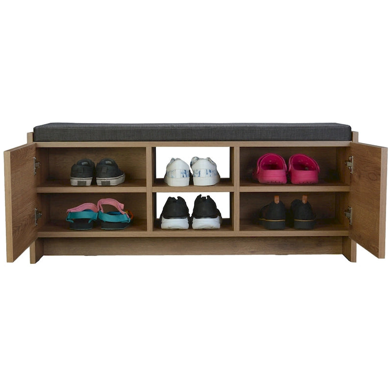Entryway Storage Bench 6 Compartment Shoe Cabinet Rustic Walnut Cushion Top