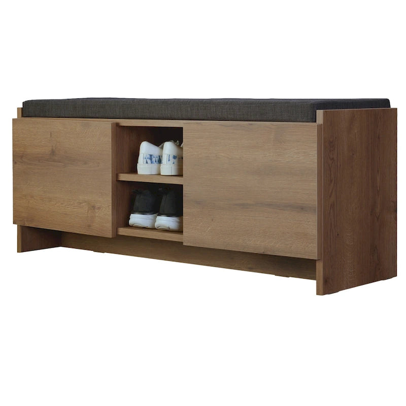 Entryway Storage Bench 6 Compartment Shoe Cabinet Rustic Walnut Cushion Top
