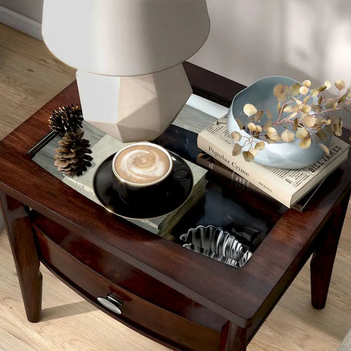 Dark Walnut End Table 1 Drawer Open Shelf Tapered Legs Traditional Style