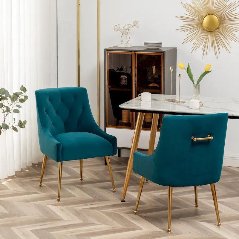 SEYNAR Modern Boucle Velvet Upholstered Accent Dining Chair Set of 2 Tufted Back Armless Chair with Golden Legs