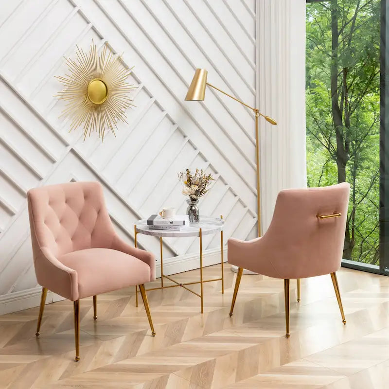 SEYNAR Modern Boucle Velvet Upholstered Accent Dining Chair Set of 2 Tufted Back Armless Chair with Golden Legs