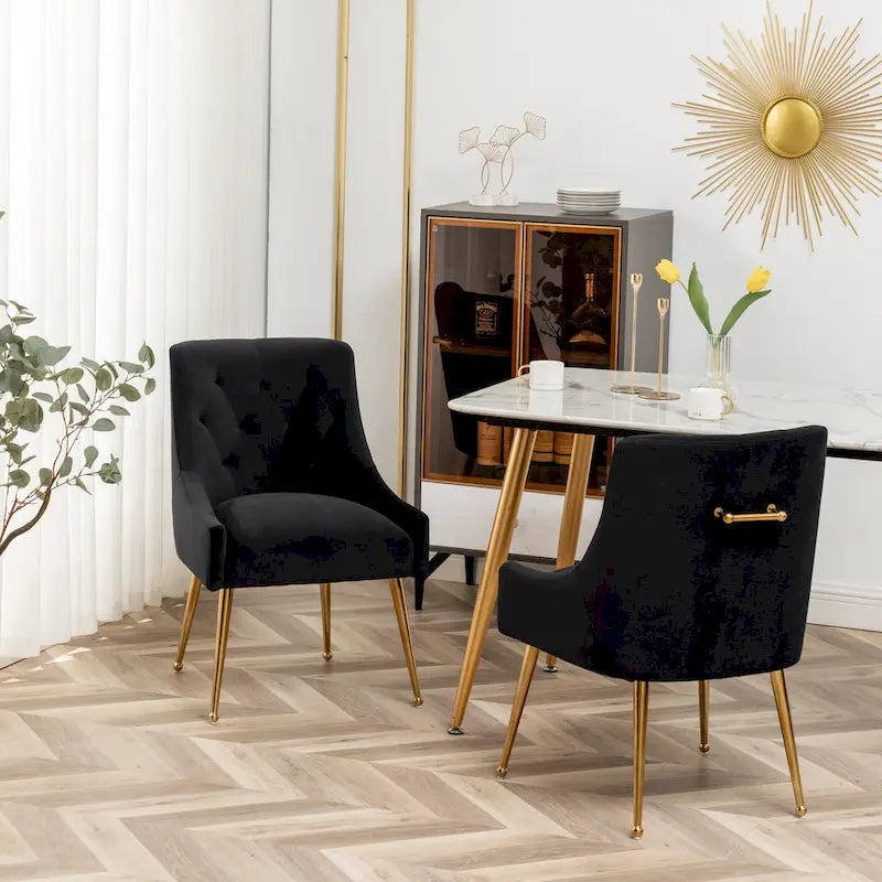 SEYNAR Modern Boucle Velvet Upholstered Accent Dining Chair Set of 2 Tufted Back Armless Chair with Golden Legs