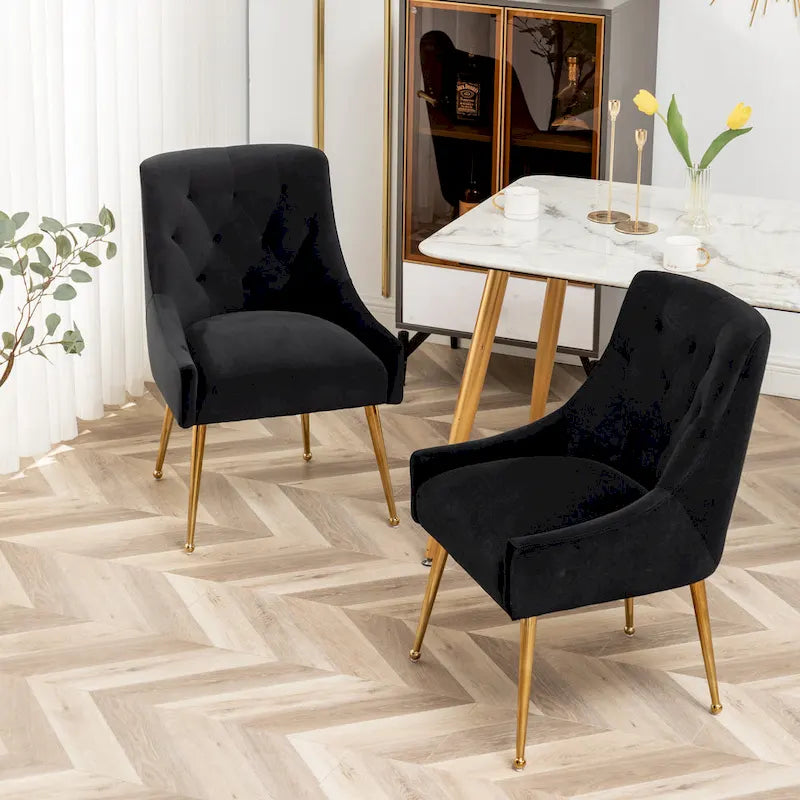 SEYNAR Modern Boucle Velvet Upholstered Accent Dining Chair Set of 2 Tufted Back Armless Chair with Golden Legs