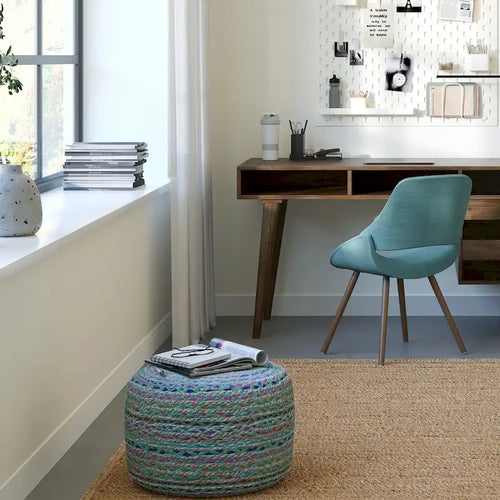 Boho Round Pouf Hand Braided Jute Cotton Footstool Polystyrene Fill 3 Colors