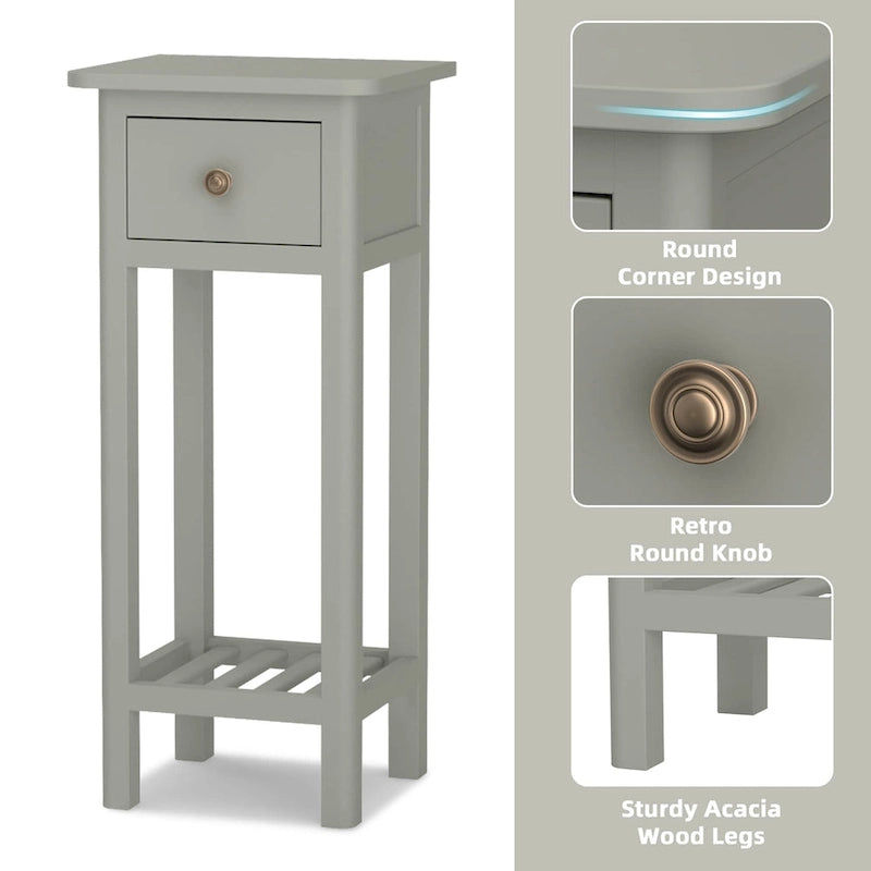 Narrow Nightstand with Drawer Open Shelf MDF Acacia Wood Legs 31.5 Inch Tall 4 Colors