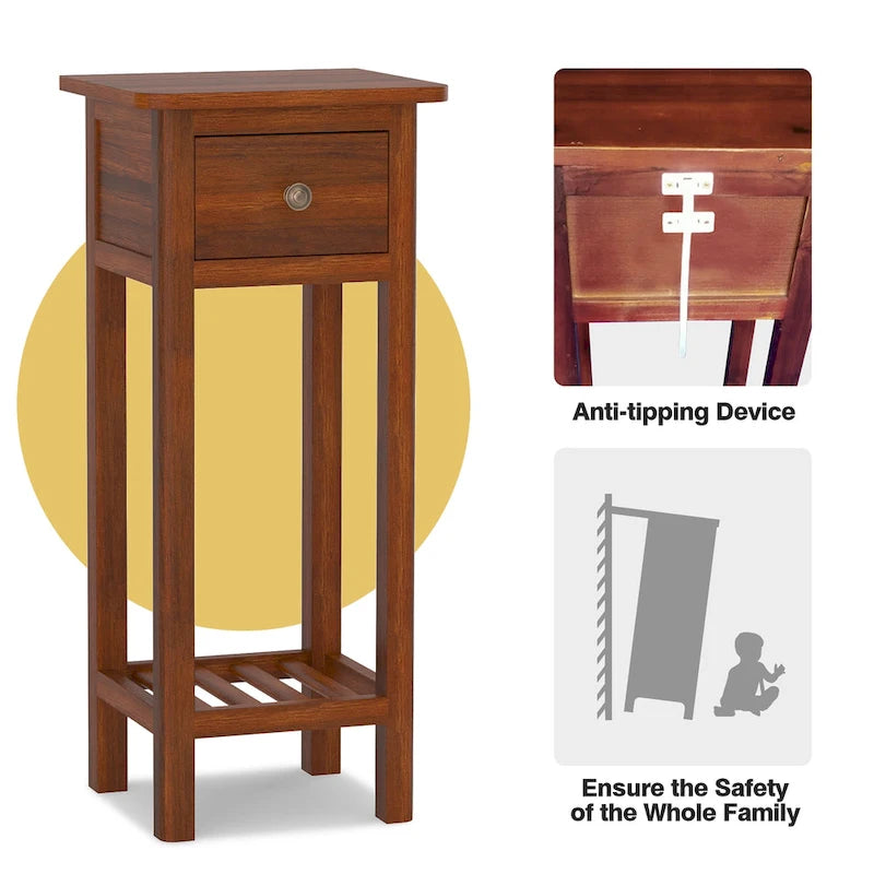Narrow Nightstand with Drawer Open Shelf MDF Acacia Wood Legs 31.5 Inch Tall 4 Colors