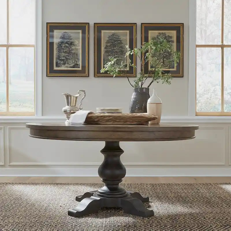 Round Pedestal Dining Table Starburst Oak Veneer Top Dusty Taupe Black