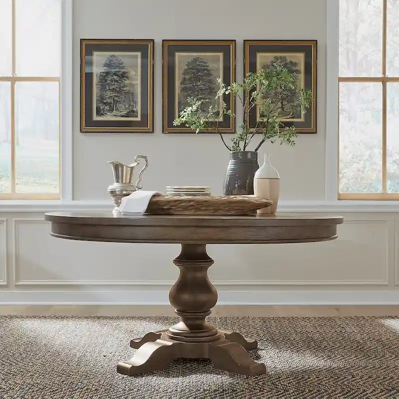 Round Pedestal Dining Table Starburst Oak Veneer Top Dusty Taupe Black
