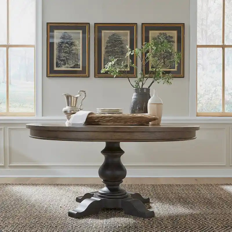 Americana Farmhouse Pedestal Table for Dining Room Oak Wood Top
