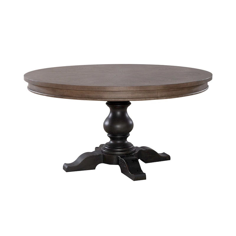 Round Pedestal Dining Table Starburst Oak Veneer Top Dusty Taupe Black